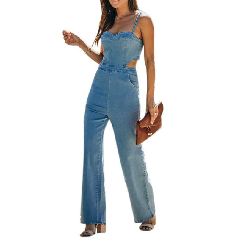 strappy denim jumpsuit